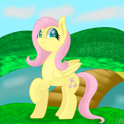 Size: 6000x6000 | Tagged: safe, artist:flamelight-dash, fluttershy, pegasus, pony, absurd resolution, cute, female, folded wings, looking at you, looking sideways, mare, raised hoof, river, shyabetes, smiling, solo, wings