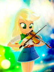 Size: 2500x3333 | Tagged: safe, artist:jabbie64, applejack, equestria girls, apple, belt, clothes, cute, denim skirt, fiddle, freckles, hatless, missing accessory, moe, signature, skirt, solo, violin