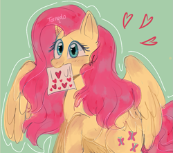 Size: 1089x967 | Tagged: safe, artist:cherixq, fluttershy, pegasus, pony, blushing, bronybait, cute, female, heart, looking at you, love note, mare, mouth hold, note, raised hoof, shyabetes, solo, spread wings, wings