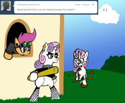 Size: 1131x934 | Tagged: safe, artist:pembroke, scootaloo, sweetie belle, ask meanie belle, meanie belle, stalkerloo, sweetiepoo, tumblr