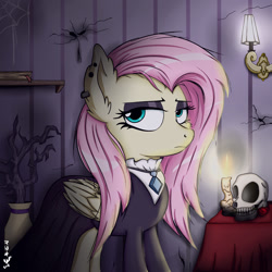 Size: 2000x2000 | Tagged: safe, artist:viejillox64art, fluttershy, pegasus, pony, fake it 'til you make it, alternate hairstyle, clothes, ear piercing, eyeshadow, female, fluttergoth, goth, gothic, looking at you, makeup, mare, piercing, solo