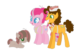 Size: 822x547 | Tagged: safe, artist:iminitelakes, cheese sandwich, pinkie pie, oc, oc:rocky road, earth pony, pony, alternate hairstyle, apron, bags under eyes, blank flank, bowtie, cheesepie, clothes, colored pupils, female, filly, hair up, male, offspring, older, parent:cheese sandwich, parent:pinkie pie, parents:cheesepie, shipping, simple background, straight, transparent background