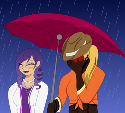 Size: 2300x2085 | Tagged: safe, artist:nightfire-613, applejack, rarity, human, abs, alternate hairstyle, blushing, dark skin, diversity, ear piercing, earring, eyes closed, eyeshadow, female, hat, humanized, jewelry, lesbian, makeup, meme, necklace, piercing, rain, rarijack, shipping, special feeling, umbrella