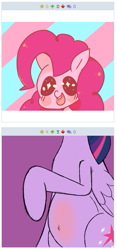 Size: 261x560 | Tagged: safe, artist:20thx5150, artist:kei kun, derpibooru import, pinkie pie, twilight sparkle, twilight sparkle (alicorn), alicorn, earth pony, pony, colorful, derpibooru, exploitable meme, female, juxtaposition, juxtaposition win, mare, meme, meta, pregnant, smiling, what has science done