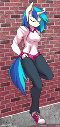 Size: 542x1138 | Tagged: safe, artist:php41, derpibooru exclusive, dj pon-3, vinyl scratch, anthro, plantigrade anthro, unicorn, against wall, brick wall, clothes, earbuds, eyes closed, female, leaning, smiling