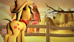 Size: 3840x2160 | Tagged: safe, artist:deadhill, applejack, earth pony, pony, 3d, apple, applebutt, clothes, fence, food, hill, plot, poster, scarf, solo, source filmmaker, sweet apple acres, tree