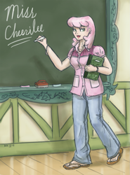 Size: 741x1000 | Tagged: safe, artist:king-kakapo, cheerilee, human, chalk, chalkboard, clothes, humanized, light skin, pants, sandals, school, solo