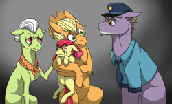 Size: 1148x695 | Tagged: safe, artist:anonymous-potayto, apple bloom, applejack, granny smith, oc, oc:silver cell, earth pony, pony, crying, holding a pony, male, police officer, stallion, story in the source