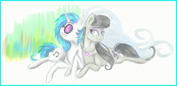 Size: 1024x500 | Tagged: safe, artist:gloriajoy, dj pon-3, octavia melody, vinyl scratch, earth pony, pony, female, grin, lesbian, scratchtavia, shipping