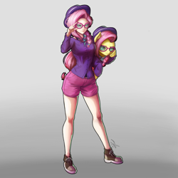 Size: 1080x1080 | Tagged: safe, artist:the-park, fluttershy, human, pony, fake it 'til you make it, duality, duo, female, hipstershy, holding a pony, human ponidox, humanized, looking at you, self ponidox, simple background, standing