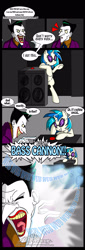 Size: 1125x3320 | Tagged: safe, artist:chibi-warmonger, dj pon-3, vinyl scratch, pony, unicorn, background pony, bass cannon, comic, crossover, female, mare, the joker, wub