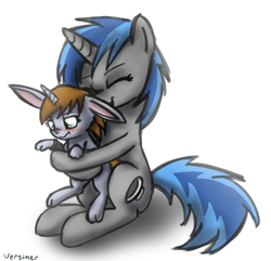 Size: 1213x1168 | Tagged: safe, artist:versimer, oc, oc only, oc:homage, oc:littlepip, pony, rabbit, unicorn, fallout equestria, blushing, bunnified, cute, fanfic, fanfic art, female, horn, hug, mare, pipbuck, simple background, species swap, white background