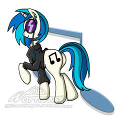 Size: 843x892 | Tagged: safe, artist:chibi-warmonger, dj pon-3, vinyl scratch, pony, unicorn, clothes, headphones, jacket, music notes, plot