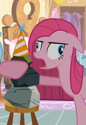 Size: 485x705 | Tagged: safe, screencap, pinkie pie, rocky, earth pony, pony, party of one, cropped, derp, female, hat, mare, party hat, pinkamena diane pie, rock