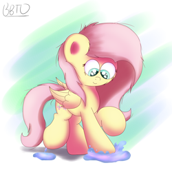 Size: 3000x3000 | Tagged: safe, artist:bronybehindthedoor, fluttershy, pegasus, pony, puddle, solo, splash