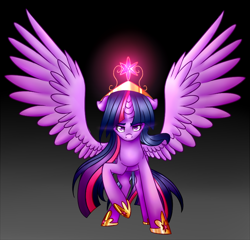 Size: 864x830 | Tagged: safe, artist:peaceouttopizza23, derpibooru import, twilight sparkle, twilight sparkle (alicorn), alicorn, pony, female, floppy ears, kubrick stare, looking at you, mare, raised hoof, solo, spread wings