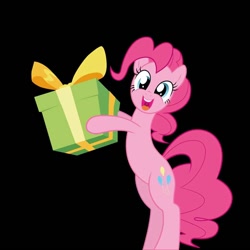 Size: 720x720 | Tagged: artist needed, safe, pinkie pie, earth pony, pony, bipedal, black background, box, female, mare, present, simple background, solo