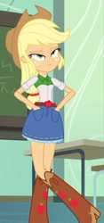 Size: 236x503 | Tagged: safe, screencap, applejack, equestria girls, equestria girls (movie), annoyed, applejack is not amused, applejack's hat, boots, chair, chalkboard, classroom, clothes, cowboy boots, cowboy hat, cropped, crossed legs, denim skirt, desk, female, freckles, hands in pockets, hat, lidded eyes, pose, skirt, solo, stetson, table, unamused