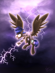 Size: 2304x3072 | Tagged: safe, artist:nightpaint12, flash sentry, pegasus, pony, cloud, cloudy, flash the lightning-bearer, flying, glow, glowing eyes, lightning, sky, solo, stormcloud