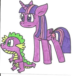 Size: 678x705 | Tagged: safe, artist:cmara, derpibooru import, spike, twilight sparkle, twilight sparkle (alicorn), alicorn, dragon, pony, female, mare, traditional art