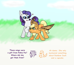 Size: 1250x1100 | Tagged: safe, artist:eulicious, applejack, rarity, pegasus, pony, fanfic:cupcakes, butt touch, cloud, feathermarking, female, flapplejack, heart, implied cupcakes, implied murder, lesbian, race swap, rarijack, shipping, text