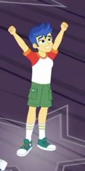 Size: 236x471 | Tagged: safe, screencap, flash sentry, better together, equestria girls, spring breakdown, arms in the air, clothes, converse, cropped, legs, male, shoes, shorts, smiling, sneakers, socks