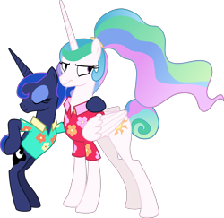 Size: 6969x6768 | Tagged: safe, artist:uigsyvigvusy, princess celestia, princess luna, alicorn, pony, between dark and dawn, absurd resolution, bipedal, bipedal leaning, female, hawaiian shirt, mare, simple background, transparent background, vector