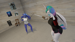 Size: 3840x2160 | Tagged: safe, artist:epsilonwolf, princess celestia, princess luna, alicorn, anthro, plantigrade anthro, 3d, bout, clothes, duo, duo female, female, fencing, shirt, shorts, source filmmaker