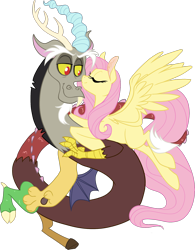 Size: 2500x3212 | Tagged: safe, artist:miaoumaou, discord, fluttershy, draconequus, pegasus, pony, cute, discoshy, female, horns, hug, male, nuzzling, shipping, simple background, smiling, spread wings, straight, transparent background, wings