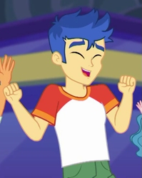 Size: 525x661 | Tagged: safe, screencap, flash sentry, better together, equestria girls, spring breakdown, arms, clothes, cropped, dancing, eyes closed, male, smiling