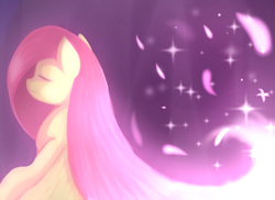 Size: 1515x1101 | Tagged: safe, artist:whiskyice, fluttershy, pegasus, pony, eyes closed, feather, female, mare, solo, sparkles