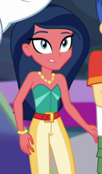 Size: 290x494 | Tagged: safe, screencap, bulk biceps, desert sage, flash sentry, better together, equestria girls, spring breakdown, background human, bare shoulders, belt, bustier, cropped, jewelry, khakis, necklace, oh crap face, pants, sleeveless, solo focus, strapless, tube top