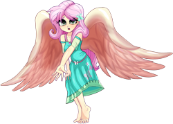 Size: 1024x733 | Tagged: safe, artist:nin10ja, fluttershy, angel, equestria girls, barefoot, beautiful, clothes, dress, feet, fluttershy the angel, large wings, looking at you, missing shoes, simple background, toes, transparent background, wings, worried