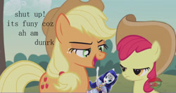 Size: 896x475 | Tagged: safe, edit, edited screencap, screencap, apple bloom, applejack, rarity, earth pony, pony, unicorn, honest apple, crunch, doll, drunk, drunk aj, stan, text, toy