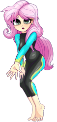 Size: 465x1000 | Tagged: safe, artist:nin10ja, fluttershy, human, better together, equestria girls, forgotten friendship, barefoot, clothes, feet, humanized, looking at you, simple background, swimsuit, toes, transparent background, wetsuit, worried