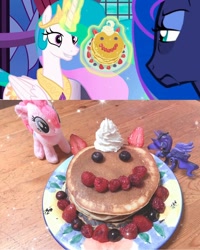 Size: 720x900 | Tagged: safe, screencap, pinkie pie, princess celestia, princess luna, alicorn, pony, a royal problem, cake, cakelestia, defictionalization, food, pancakes, photo, plushie, toy