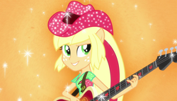 Size: 1904x1090 | Tagged: safe, screencap, applejack, equestria girls, rainbow rocks, bass guitar, cowboy hat, guitar, hat, musical instrument, ponied up, pony ears, rainbow rocks outfit, solo, sparkles