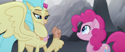 Size: 1920x804 | Tagged: safe, screencap, pinkie pie, princess skystar, classical hippogriff, earth pony, hippogriff, pony, my little pony: the movie, duo, female, lidded eyes, raised claw, seashell necklace, smiling