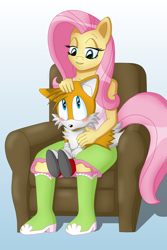 Size: 3495x5243 | Tagged: safe, artist:sergeant16bit, fluttershy, equestria girls, blushing, chair, crossover, cuddling, gradient background, miles "tails" prower, petting, sonic the hedgehog (series)