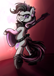 Size: 740x1050 | Tagged: safe, artist:licora, octavia melody, earth pony, pony, bipedal, earring, electric guitar, grin, guitar, piercing, rocktavia, solo, wink