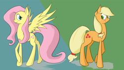 Size: 3840x2160 | Tagged: safe, artist:cloudyskieswrites, applejack, fluttershy, earth pony, pegasus, pony, appleshy, female, high res, lesbian, mare, shipping, spread wings, wings