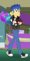 Size: 253x516 | Tagged: safe, screencap, flash sentry, dog, best in show: the victory lap, better together, equestria girls, banana (dog), clothes, converse, cropped, hoodie, male, pants, shoes, sneakers