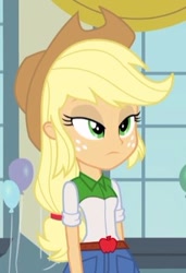 Size: 267x391 | Tagged: safe, screencap, applejack, equestria girls, equestria girls (movie), balloon, clothes, cowboy hat, cropped, female, freckles, hat, lidded eyes, solo, unamused