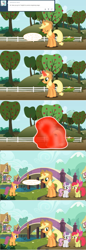 Size: 1001x2906 | Tagged: safe, artist:hakunohamikage, apple bloom, applejack, scootaloo, sweetie belle, alicorn, pony, alicornified, applecorn, ask-princesssparkle, bridge, cutie mark crusaders, jaw drop, magic, princess applejack, race swap, teleportation