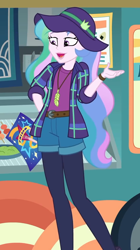 Size: 604x1080 | Tagged: safe, screencap, princess celestia, principal celestia, better together, choose your own ending, equestria girls, the road less scheduled, the road less scheduled: celestia, brochure, clothes, cropped, feather, feather necklace, flannel, food, food truck, hat, jewelry, leggings, legs, necklace, open mouth, shorts, smiling, sushi, wasabi