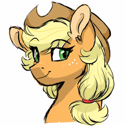 Size: 3000x3000 | Tagged: safe, artist:scarletskitty12, applejack, earth pony, pony, cowboy hat, female, freckles, green eyes, hat, looking at you, mare, simple background, smiling, solo, stetson, white background