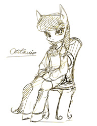 Size: 800x1040 | Tagged: safe, artist:soukitsubasa, octavia melody, earth pony, pony, semi-anthro, chair, clothes, monochrome, sitting, sketch, solo