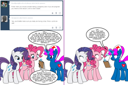 Size: 1204x800 | Tagged: safe, artist:dekomaru, pinkie pie, rarity, oc, oc:nurse blue, pony, unicorn, ask, clipboard, comic, implied canon x oc, implied straight, magic, nurse, tumblr, tumblr:ask twixie