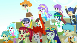 Size: 1280x720 | Tagged: safe, screencap, aqua blossom, blueberry cake, bright idea, captain planet, crimson napalm, flash sentry, microchips, normal norman, paisley, rose heart, scribble dee, starlight, eqg summertime shorts, equestria girls, steps of pep, background human, cheering, female, male