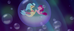 Size: 1920x804 | Tagged: safe, screencap, pinkie pie, princess skystar, seapony (g4), my little pony: the movie, bubble, dancing, duo, eyes closed, facing each other, in bubble, one small thing, seaponified, seapony pinkie pie, species swap, underwater